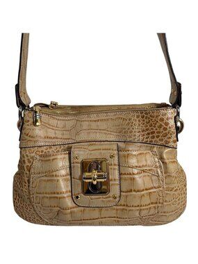 B MAKOWSKY Tan/Beige/Gold Croc Embossed Leather Triple Entry Shoulder Bag